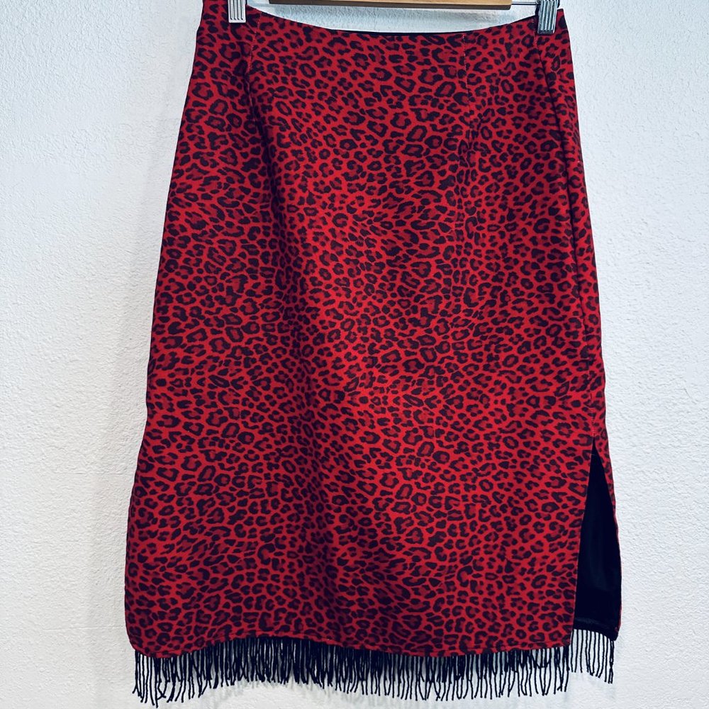 Vintage Mica Pencil Skirt Beaded Fringe Red Animal Print Lined EUC - Picture 2 of 8